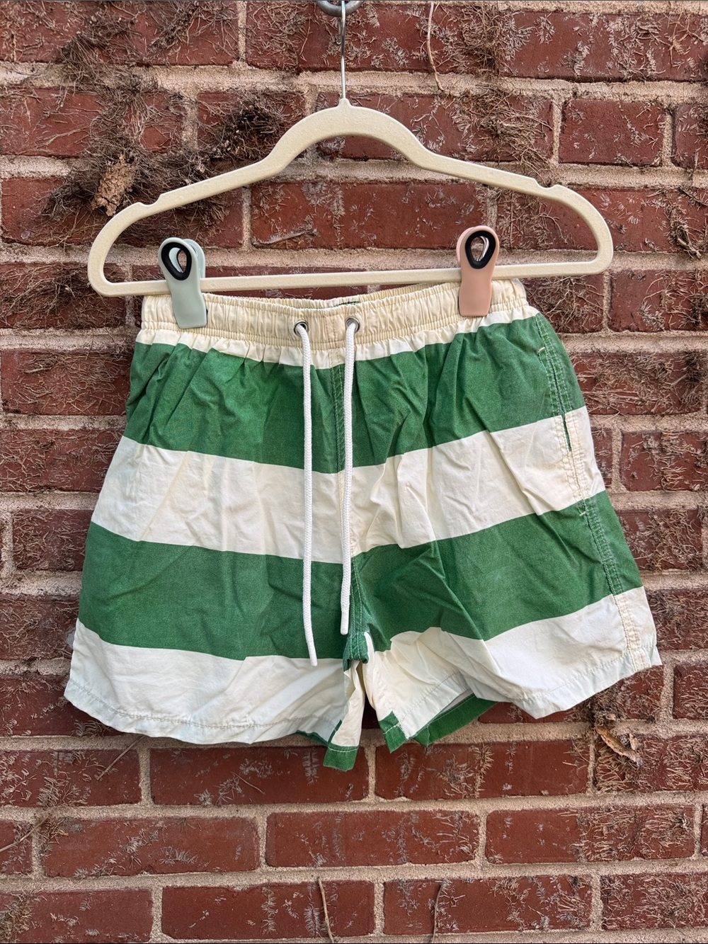 Zara Green and White Striped Men’s Swim Trunks